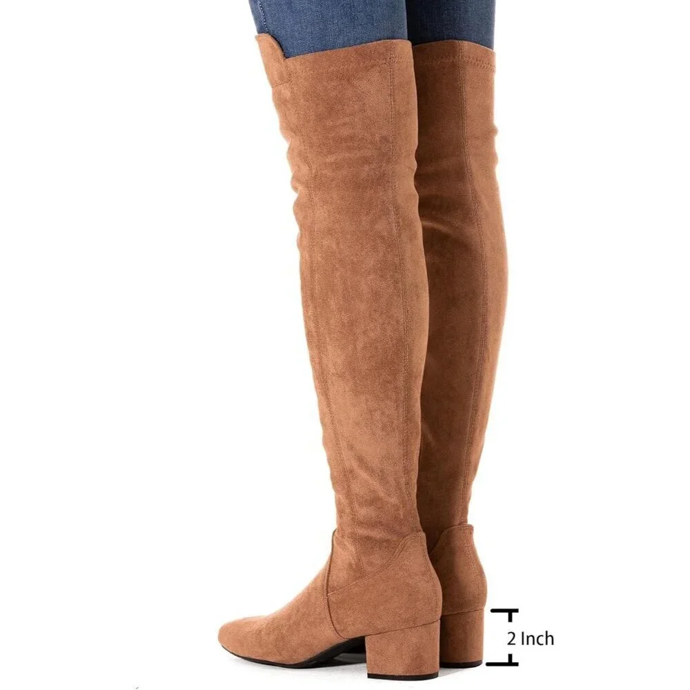 Women Brown\2 Ihch Suede Over the Knee Thigh High Chunky Block Heel Boots